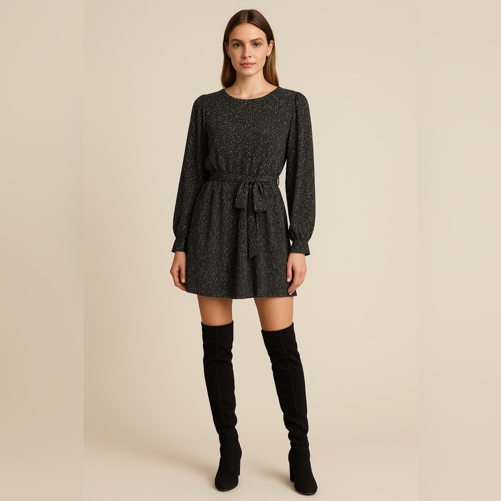 Giani Bini Black Long Sleeve Mini Dress Size L – Belted Waist, Subtle Print